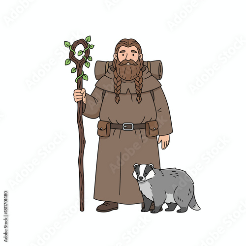 Fantasy Druid Character with Badger Animal Companion Illustration.
