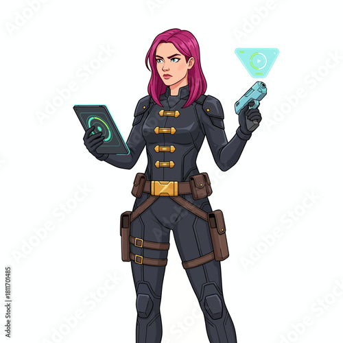 Illustration of a female spy with pink hair holding a tablet and gun.