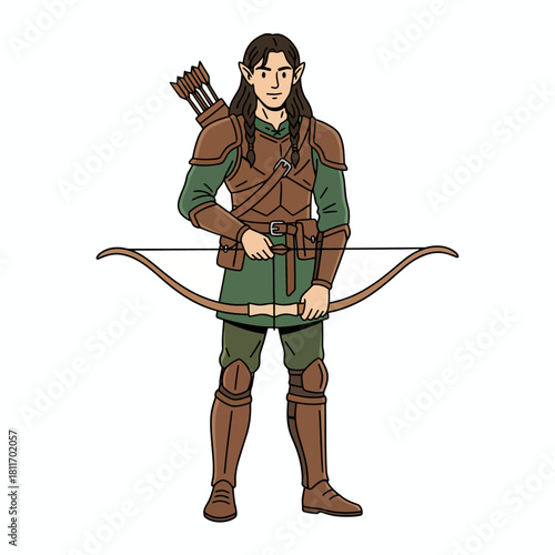Fantasy elf archer character standing with bow and arrows.