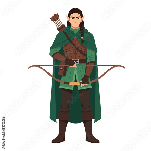 An Elven Archer Standing Ready with Bow and Arrow.