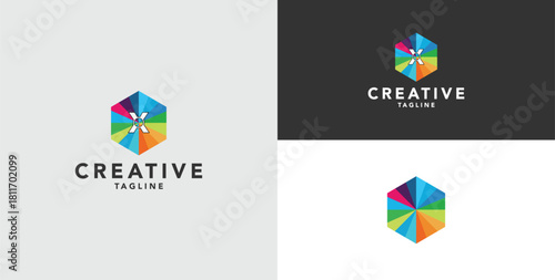 Digital colorful abstract icons, elements and symbols with initial X logo, template