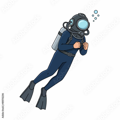 Cartoon diver in vintage diving suit with helmet and scuba gear.