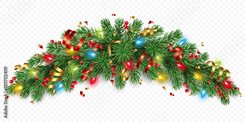Vector realistic pine tree branches with golden and red confetti, ribbons, berries and lights isolated on a transparent background. Holiday Christmas tree garland for winter decoration banner, poster,