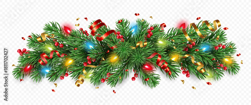 Vector realistic pine tree branches with golden and red confetti, ribbons, berries and lights isolated on a transparent background. Holiday Christmas tree garland for winter decoration banner, poster,