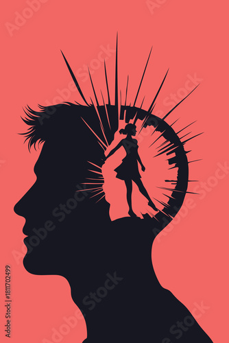 Surreal illustration showing a woman walking inside the silhouette of a man’s mind, symbolizing emotional memory, inner reflection, and the lingering presence of past relationships or trauma.