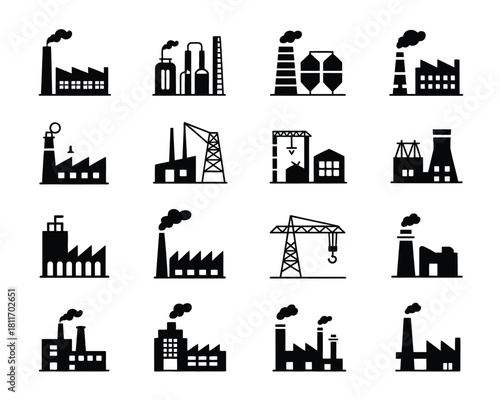 Set of industrial factory building icons with smoke stacks emitting smoke