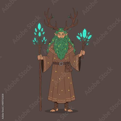 Enigmatic Forest Druid with Glowing Staffs and Antler Headdress.