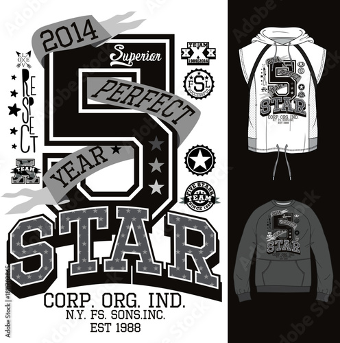 Vintage varsity graphic design with number five and star emblem