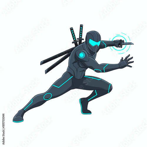 Futuristic Ninja Warrior with Swords and Energy Shield.