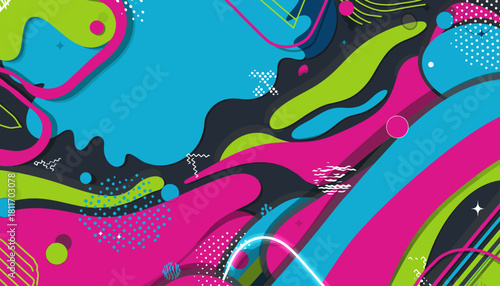 Vibrant abstract background with flowing liquid shapes in pink, blue, and green hues.
