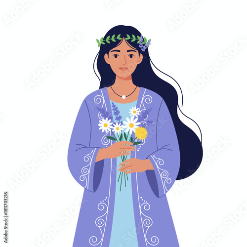 Beautiful young woman with a flower wreath holding a bouquet of wildflowers.
