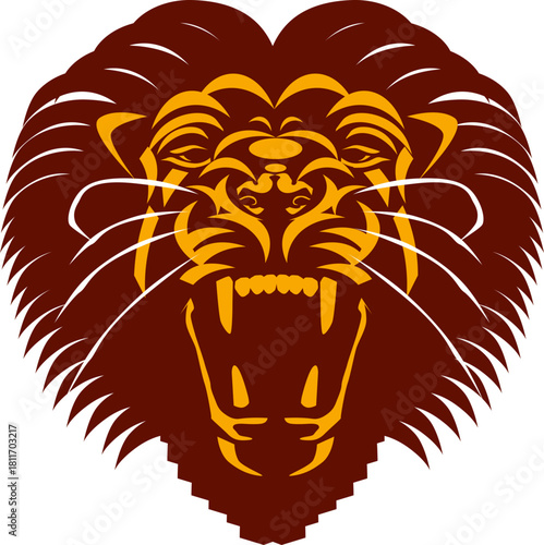 Stylized roaring lion head mascot in brown and yellow vector art