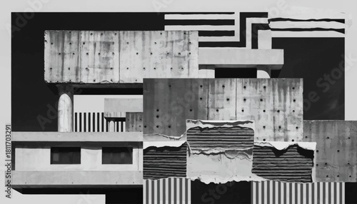 A black and white abstract collage of brutalist concrete architecture and geometric patterns.