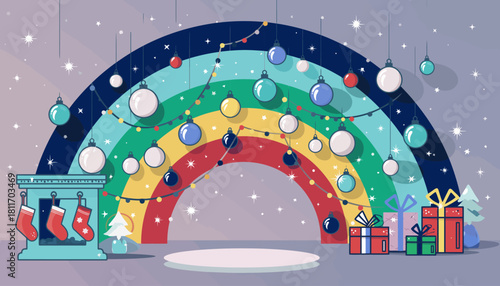Festive Christmas scene with rainbow arch, ornaments, gifts, and stockings.