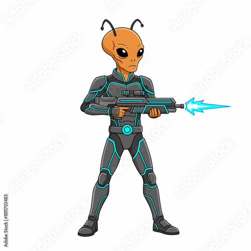 Ant-like alien character in futuristic suit holding energy weapon.