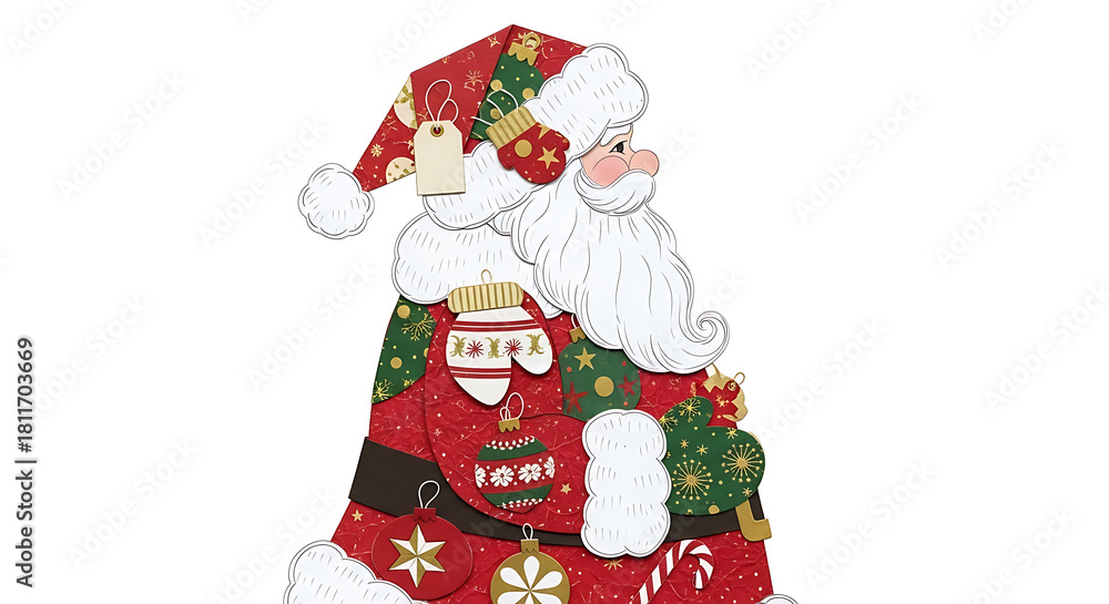 Fototapeta premium Holiday Aesthetic Collage Cutout of Santa Formed by Vintage Christmas Motifs