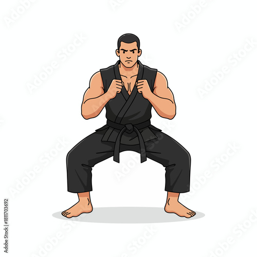 Determined Karate Practitioner in Black Gi Demonstrating a Low Stance.