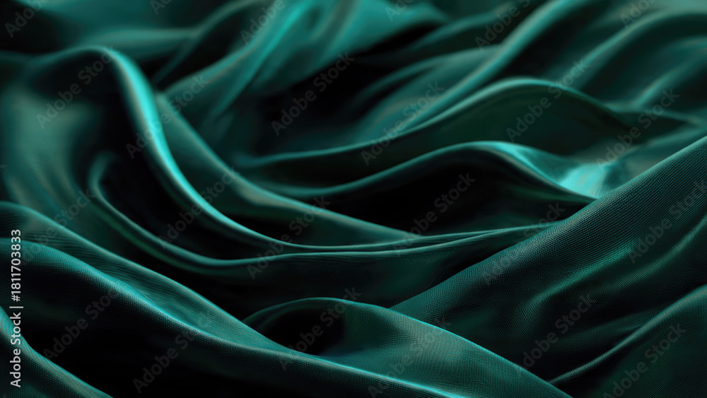 Fototapeta premium Elegant folds of shimmering teal-green satin fabric create a captivating, flowing texture with deep shadows and luminous highlights.