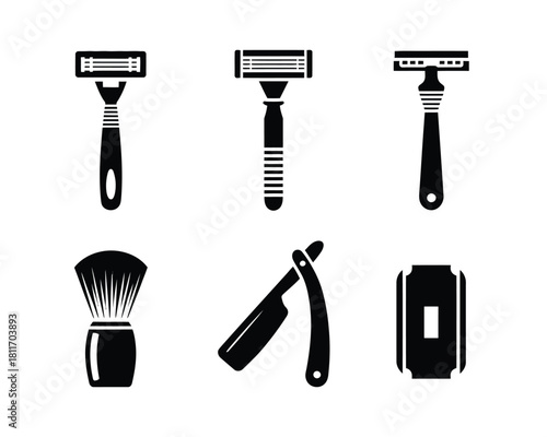 Shaving tools collection icons: razors, brush, blade, straight razor