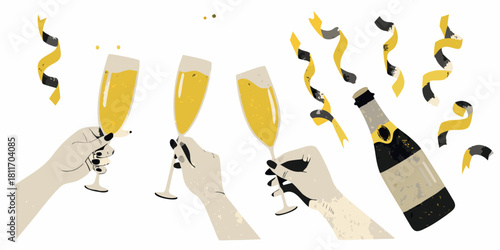 Celebration with champagne hands holding glasses and bottle with confetti