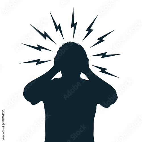 Silhouette of person holding head with lightning bolts, symbolizing stress