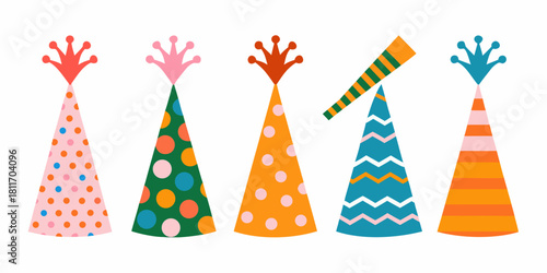 Colorful party hats with various designs for celebrations and festive occasions