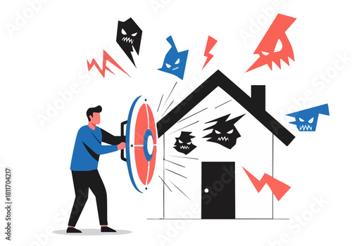 A man defends a house from aggressive, stylized demons with a shield. Illustrative, protective, and dynamic. Check Protect.
