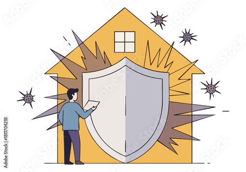 A man inspects a shield protecting a house from radiating viruses. Modern, flat illustration style. Suitable for health, security, and protection concepts.