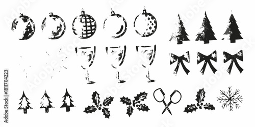 Hand drawn christmas ornaments trees holly and more in black and white