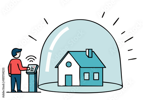 A man monitors a house with a protective shield, symbolizing security and remote control. Modern illustration style.
