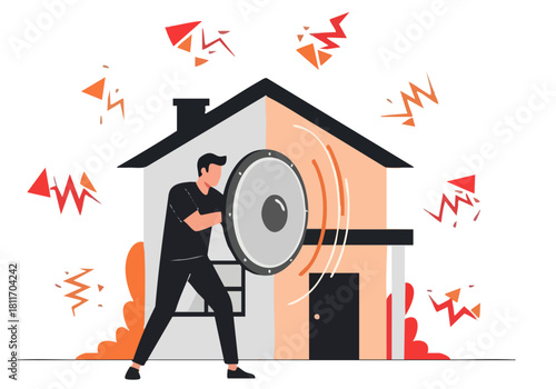 A man shields a house from sound waves with a large speaker. Illustrative, modern style. Protect your home!