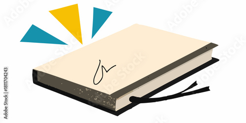 Closed book with signature and abstract shapes on white background