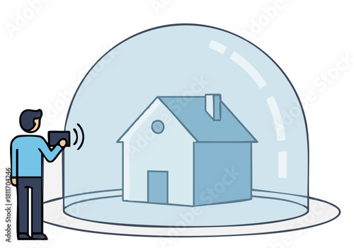 A man monitors a home with a protective shield, illustrating security and remote surveillance. Clean, modern illustration style.