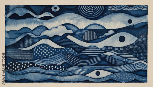 Abstract blue and white artwork depicting a stylized seascape with wavy patterns, dots, and circular motifs, evoking a dreamlike natural scene.