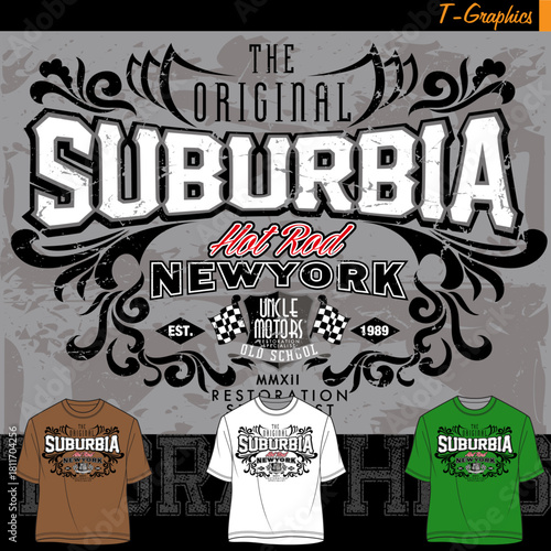 Vintage hot rod suburbia tshirt design mockup with three shirts