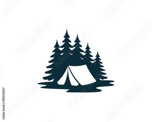Camping tent silhouette amidst pine trees in the wilderness setting.