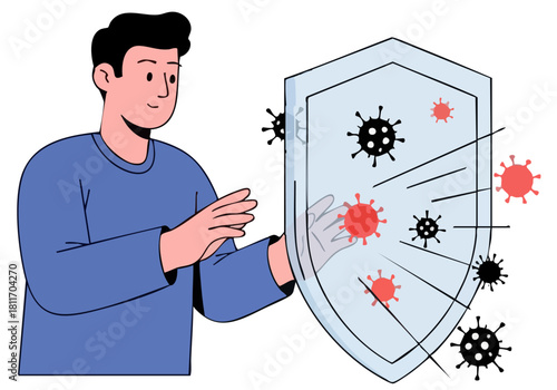A man protects himself from viruses with a digital shield. Modern illustration style, conveying security and problem-solving. Clean, bright design.