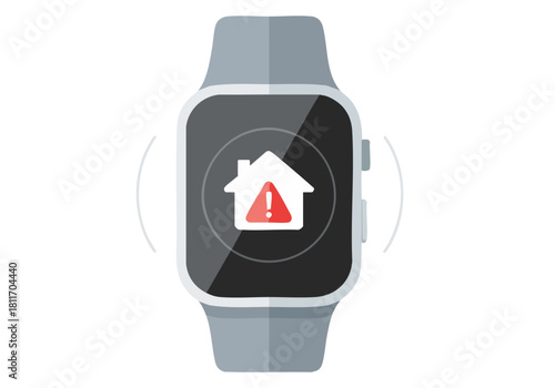 A smartwatch displays a home security alert with a warning icon.  Dynamic waves indicate a wrist notification. Modern, clean design. Suitable for tech, safety, and wearable concepts.