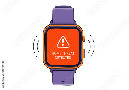 A smartwatch displays a 'Home Threat Detected' alert. Modern, graphic design with a bright orange warning symbol. Illustrative style, suitable for tech and safety concepts.