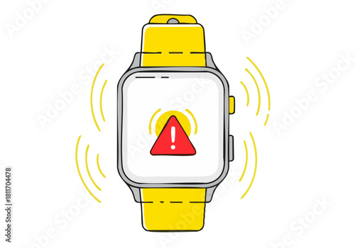 A smartwatch displays an alert with a flashing red triangle and radiating waves.  Bright, modern design.  Ideal for technology, safety, and notification concepts.