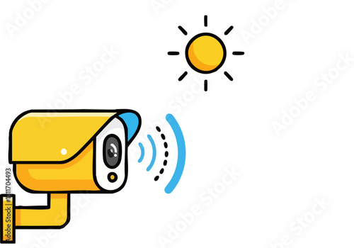 A stylized security camera icon with a sun graphic, symbolizing constant surveillance. The design features a bright yellow camera and a radiating signal. "Sunlit Guard On" text is included.