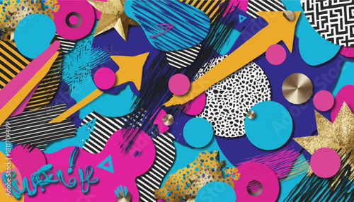 A vibrant and chaotic abstract collage of colorful geometric shapes, patterns, and textures.