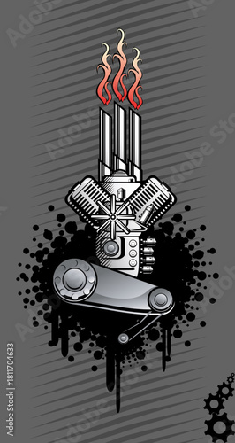 V twin engine with triple exhaust pipes on fire graphic