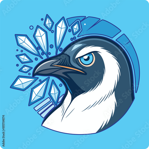 Fierce penguin mascot with a punk rock ice mohawk and crystal shards illustration