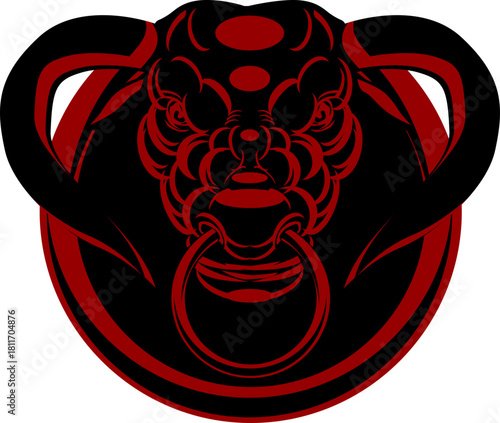 Black and red stylized lion head door knocker graphic design