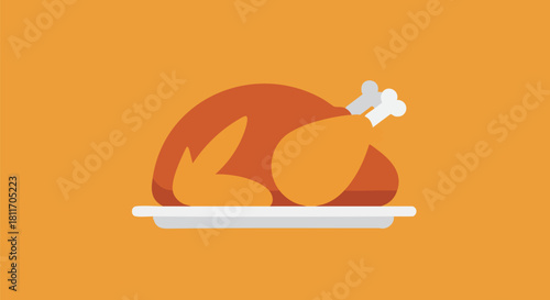 Illustration of a roasted turkey on a white plate against an orange background.
