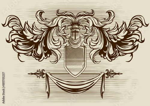 Ornate vintage heraldic crest with shield and baroque flourish