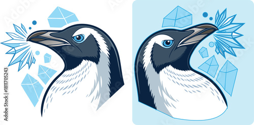 An arctic penguin exhaling a blast of cold, frosty air illustrated with sharp ice crystals