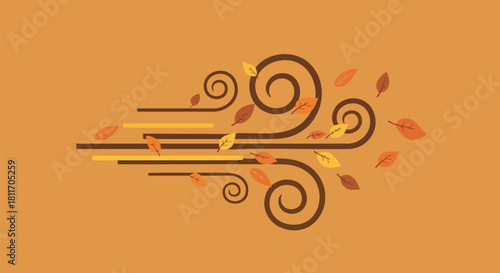 Stylized wind illustration with swirling brown lines and falling leaves on orange background.