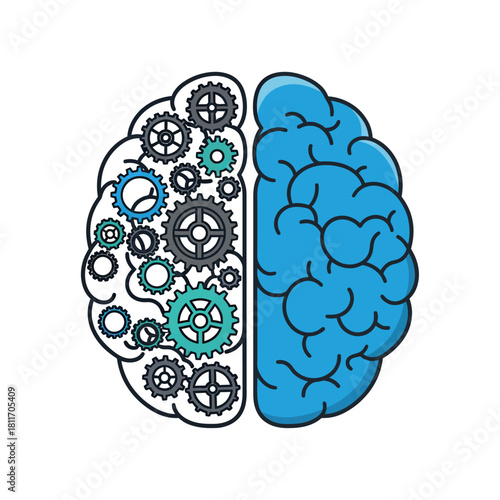 Brain hemispheres with gears and cogs representing logical and creative thinking.